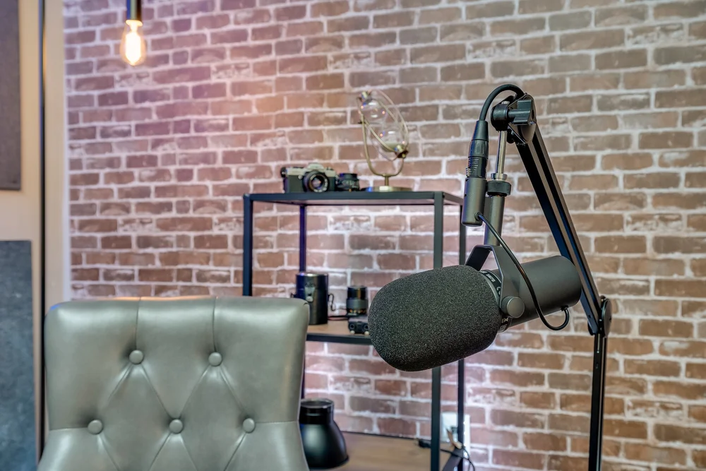 Close-up of a broadcast microphone on a boom arm, with a shelf of vintage cameras and lenses against the brick wall behind