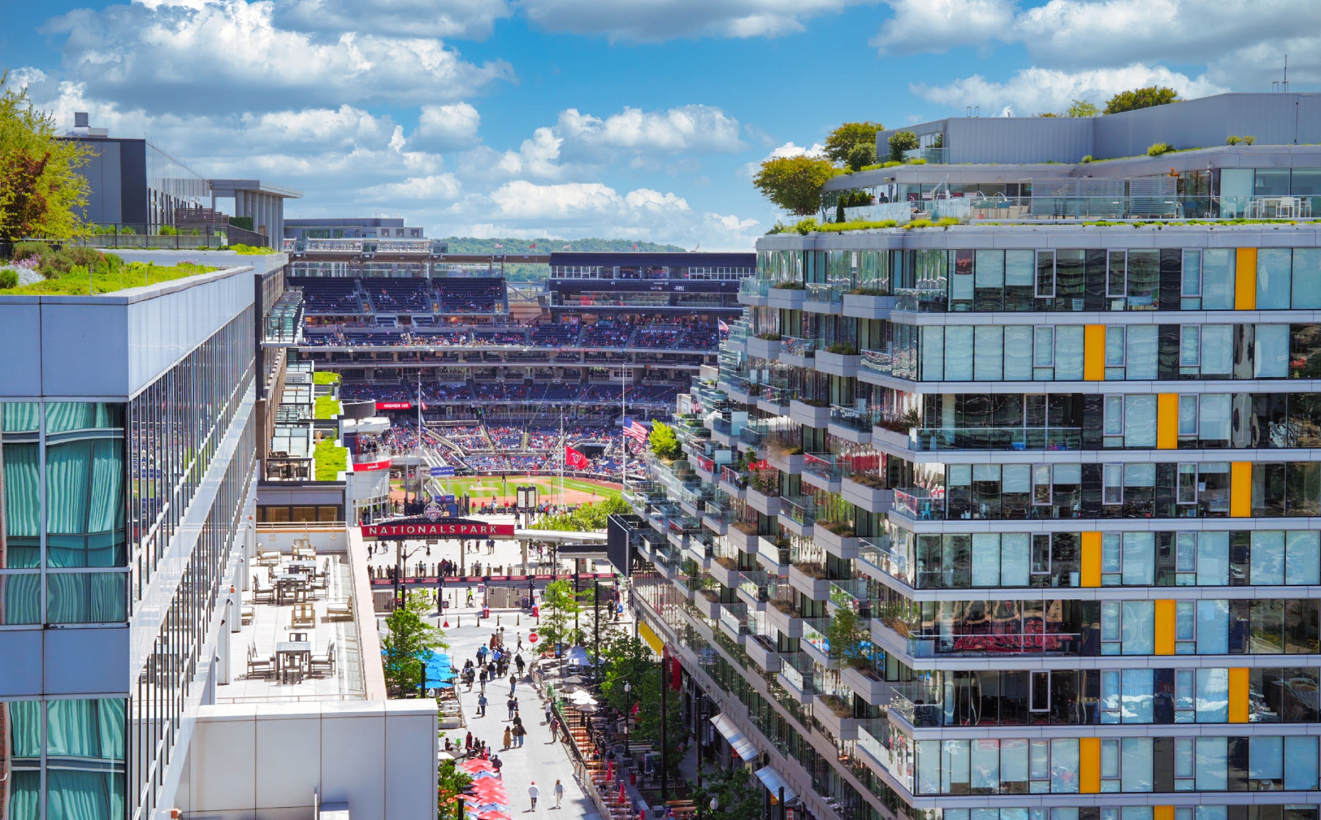 Architectural view over Nationals Park, framed between two modern glass buildings